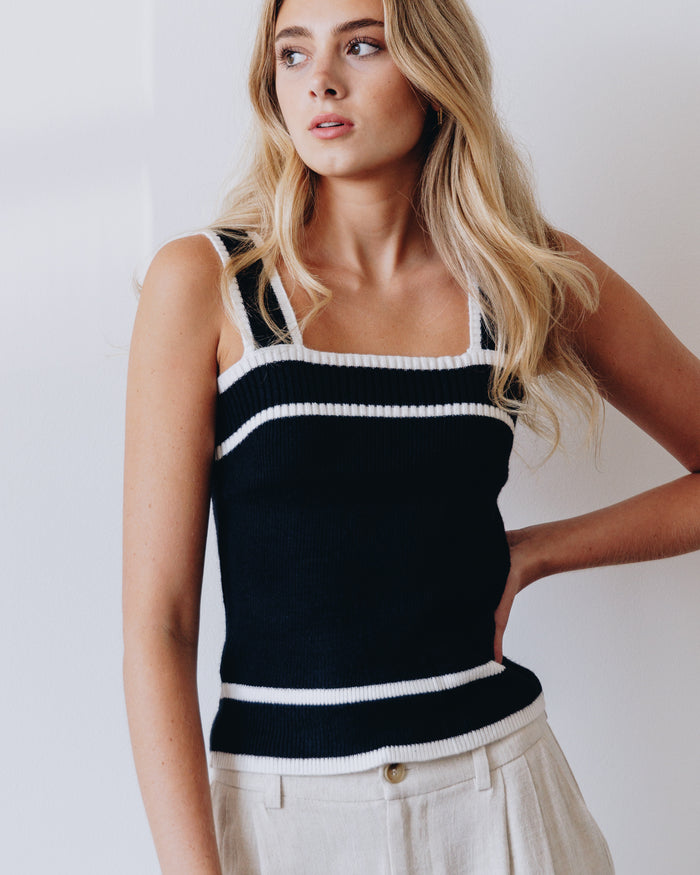 black and white square neck contrast knit tank sofia richie old money style